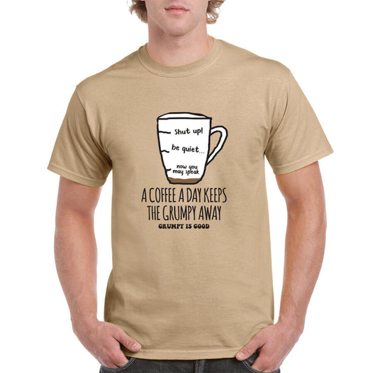 Coffee a Day T-Shirt - Grumpy is Good Tan Mens Tshirt by Acme | The Bloke Shop