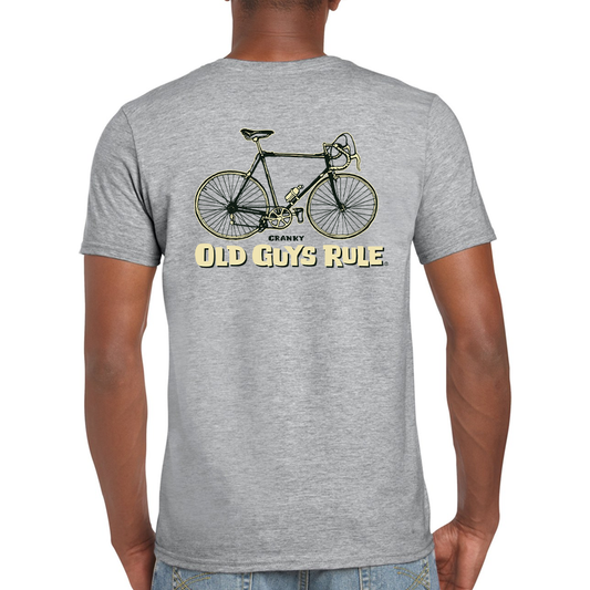 Old Guys Rule Cranky Tee T Shirt in Red Cardinal or Grey - bike graphic on back