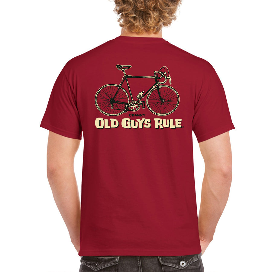 Old Guys Rule Cranky Tee T Shirt in Red Cardinal or Grey - bike graphic on back