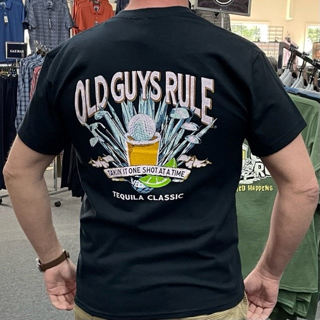 One Shot Golf Tequila Classic T-Shirt by Old Guys Rule M Black Mens Tshirt by Acme | The Bloke Shop