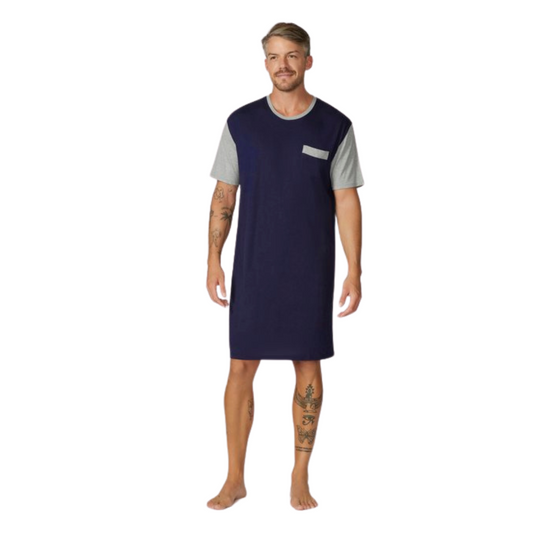 Short Sleeve Bamboo Night Shirt - Navy/Grey L Navy/Grey Mens Sleepwear by Contare | The Bloke Shop