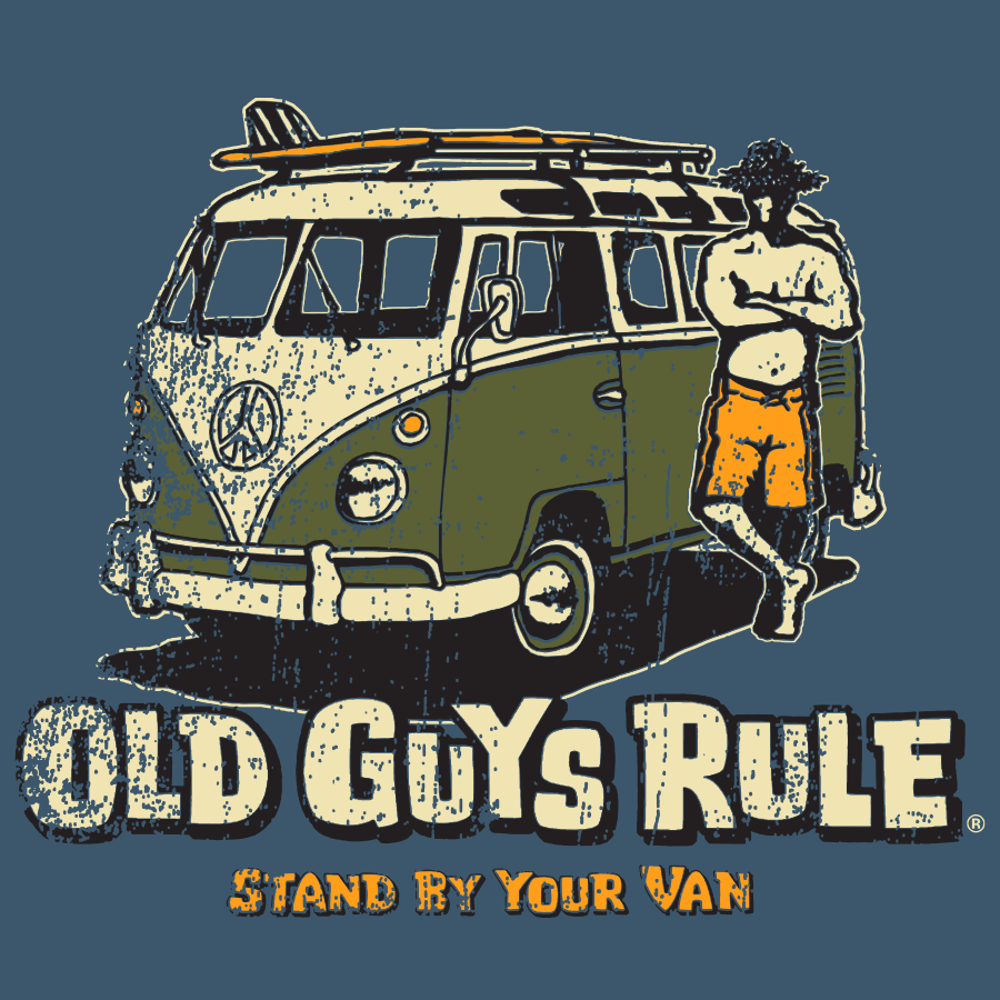 Surfer Man standing beside his van. Blue background and printed on a t shirt