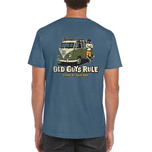 Old Guys Rule - Surfer Man standing beside his van. Blue background and printed on a t shirt