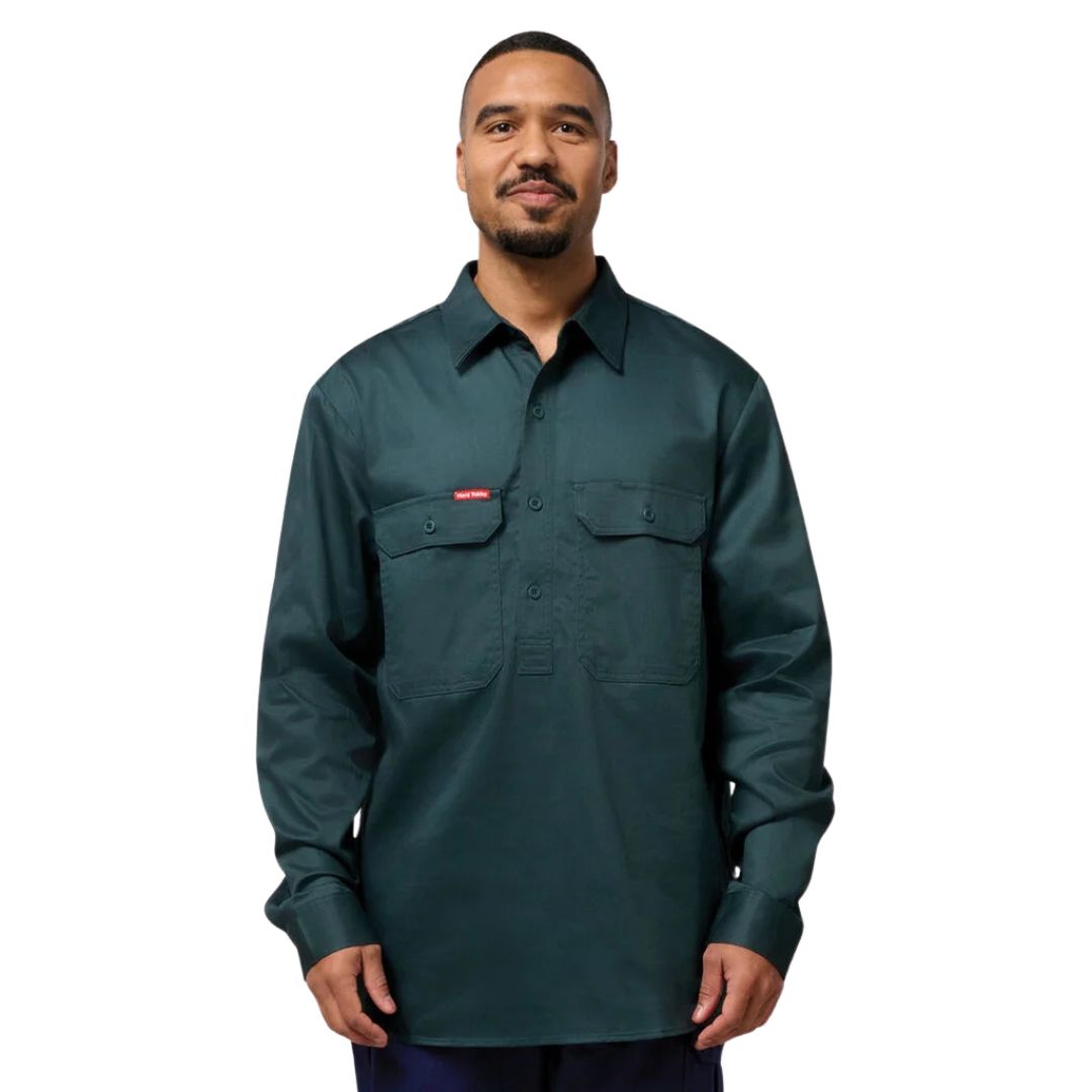 Closed Front Cotton Drill Work Shirt - Long Sleeve 3XL Green Workwear by Yakka Workwear | The Bloke Shop