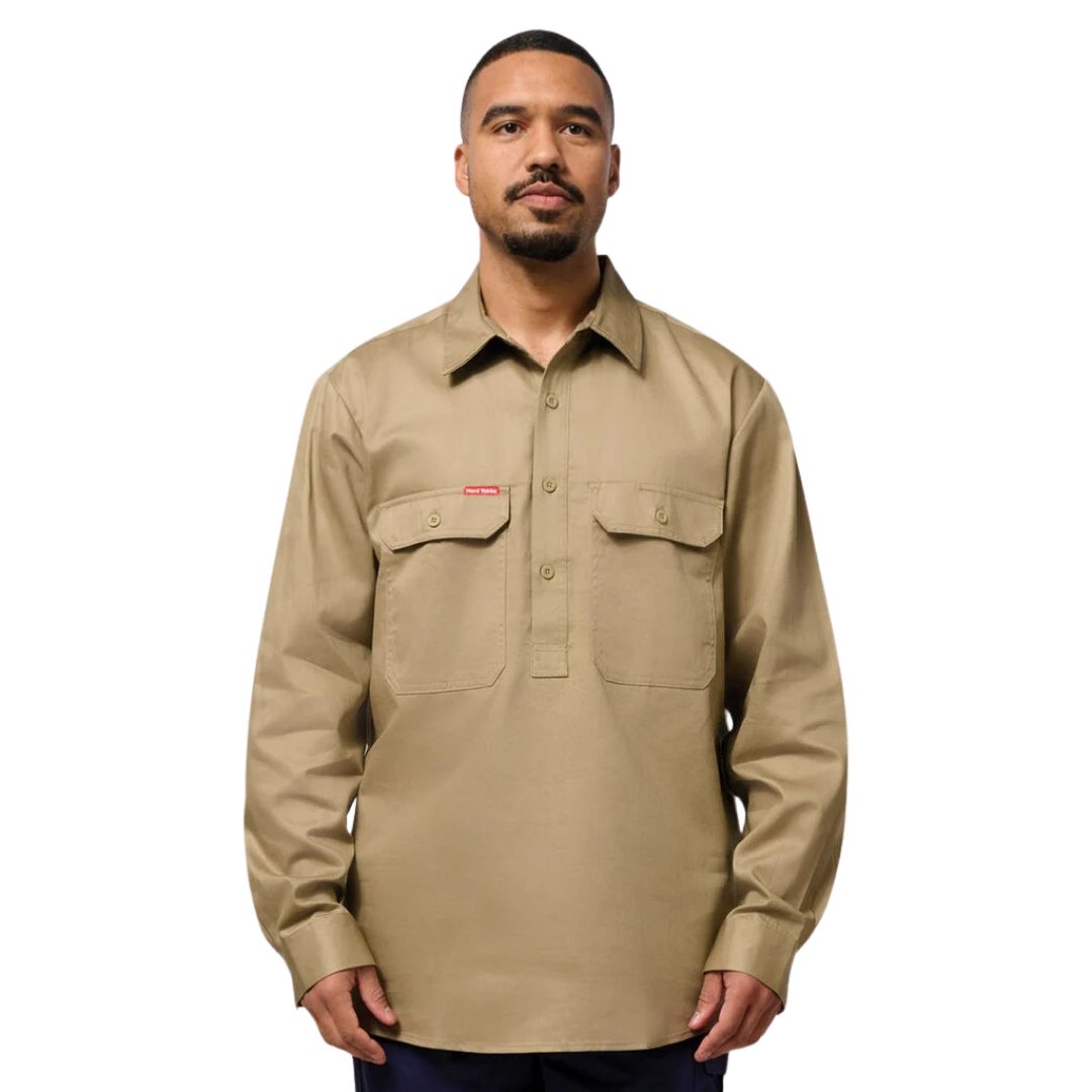 Closed Front Cotton Drill Work Shirt - Long Sleeve 3XL Khaki Workwear by Yakka Workwear | The Bloke Shop