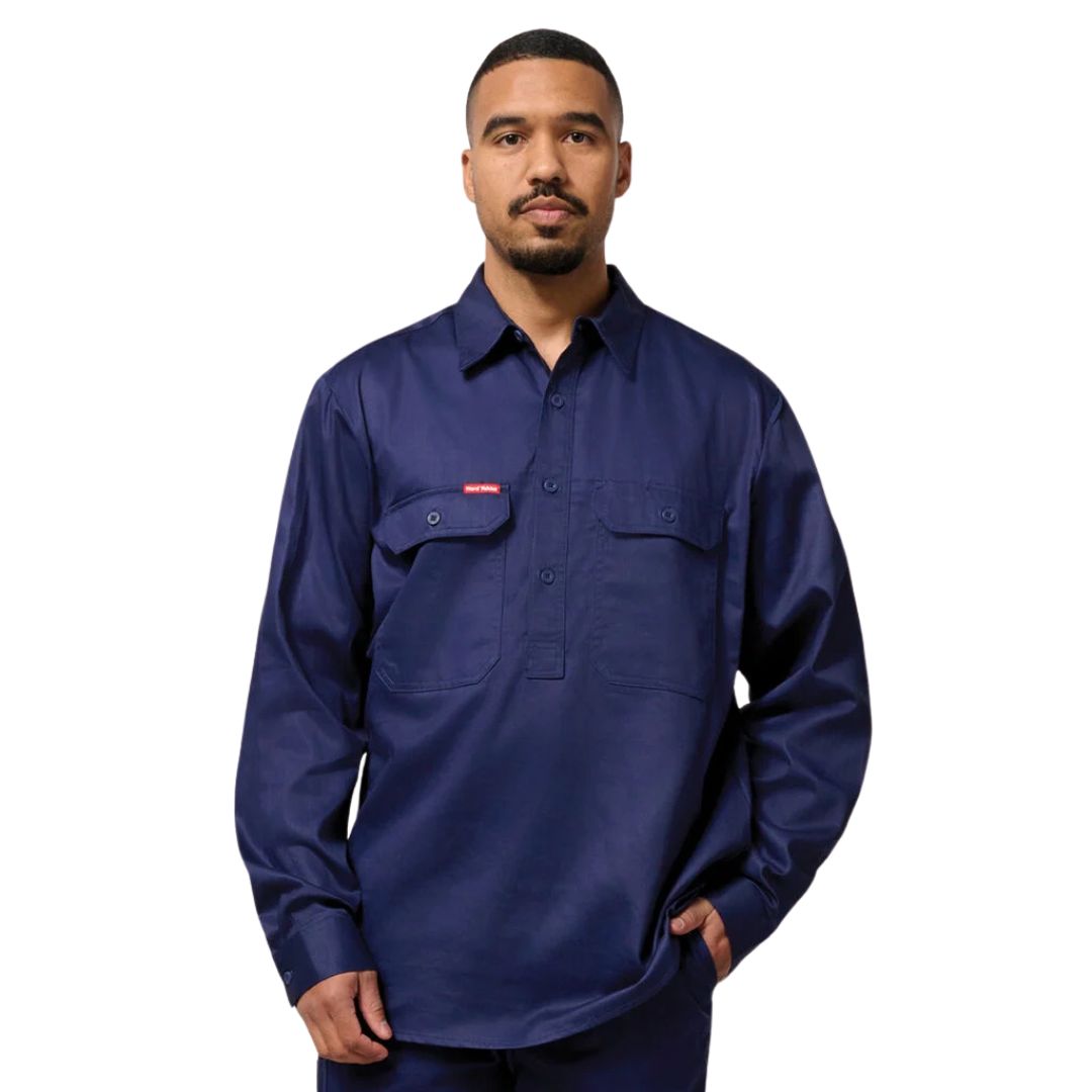 Closed Front Cotton Drill Work Shirt - Long Sleeve 3XL Navy Workwear by Yakka Workwear | The Bloke Shop