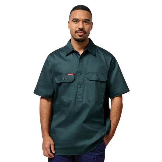 Closed Front Cotton Drill Work Shirt - Short Sleeve 3XL Green Workwear by Yakka Workwear | The Bloke Shop