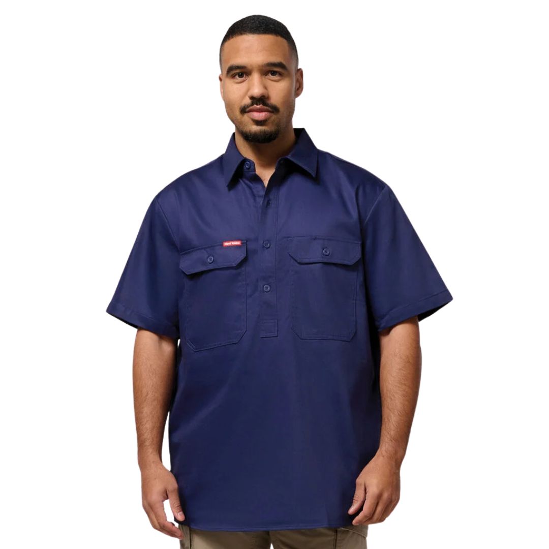 Closed Front Cotton Drill Work Shirt - Short Sleeve 3XL Navy Workwear by Yakka Workwear | The Bloke Shop