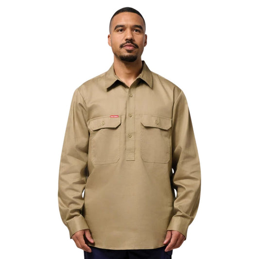 Closed Front Cotton Drill Work Shirt - Long Sleeve 3XL Khaki Workwear by Yakka Workwear | The Bloke Shop
