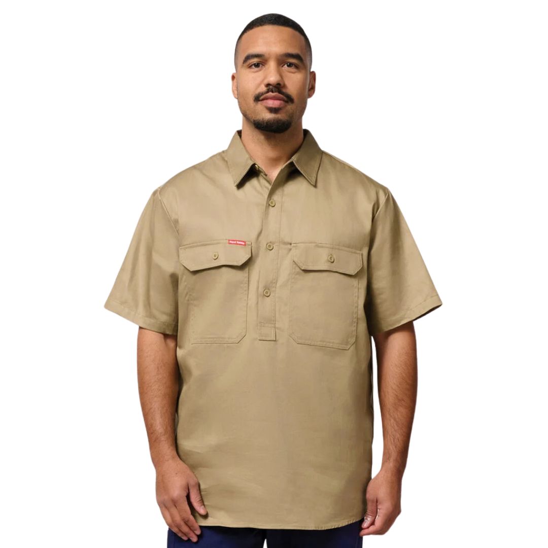 Closed Front Cotton Drill Work Shirt - Short Sleeve 3XL Khaki Workwear by Yakka Workwear | The Bloke Shop