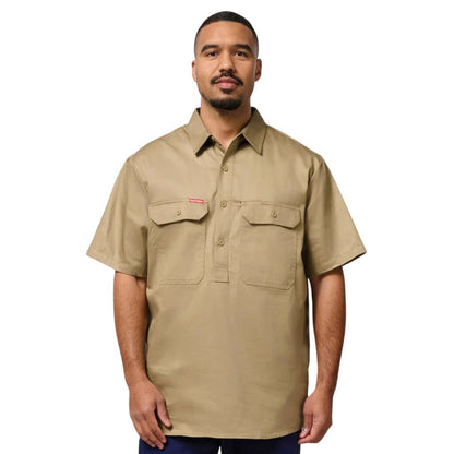 Closed Front Cotton Drill Work Shirt - Short Sleeve 3XL Khaki Workwear by Yakka Workwear | The Bloke Shop