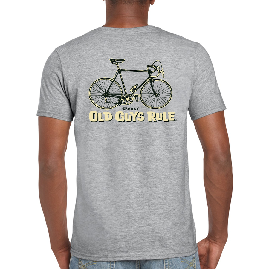 Old Guys Rule Cranky Tee T Shirt in Red Cardinal or Grey - bike graphic on back