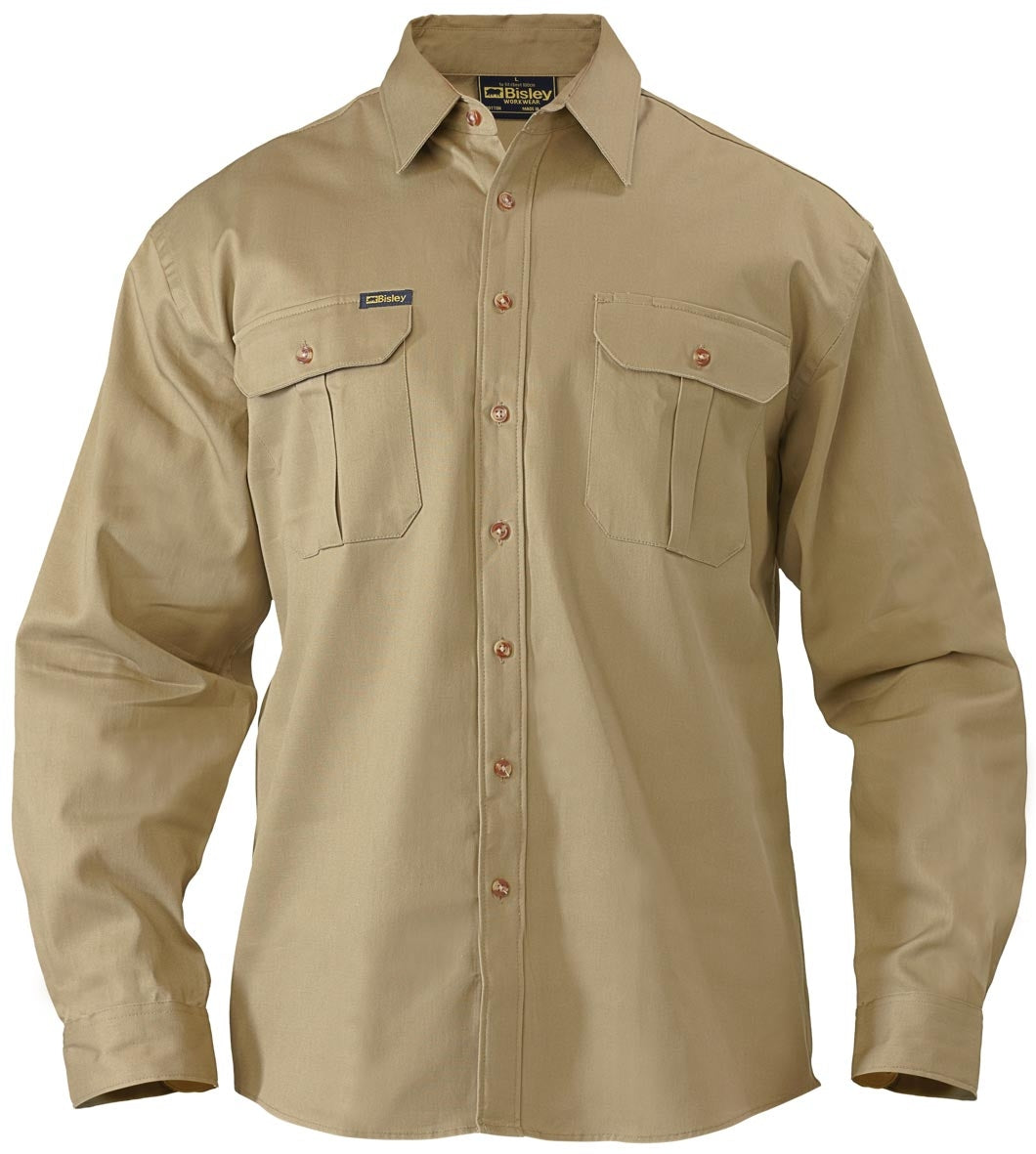 Bisley Original Cotton Drill Work Shirt - Long Sleeve S Khaki Workwear by Bisley | The Bloke Shop