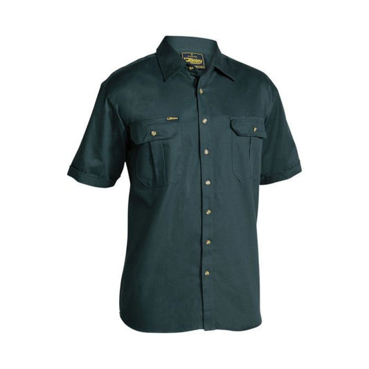 Original Cotton Drill Work Shirt - Short Sleeve S Bottle Green Workwear by Bisley | The Bloke Shop