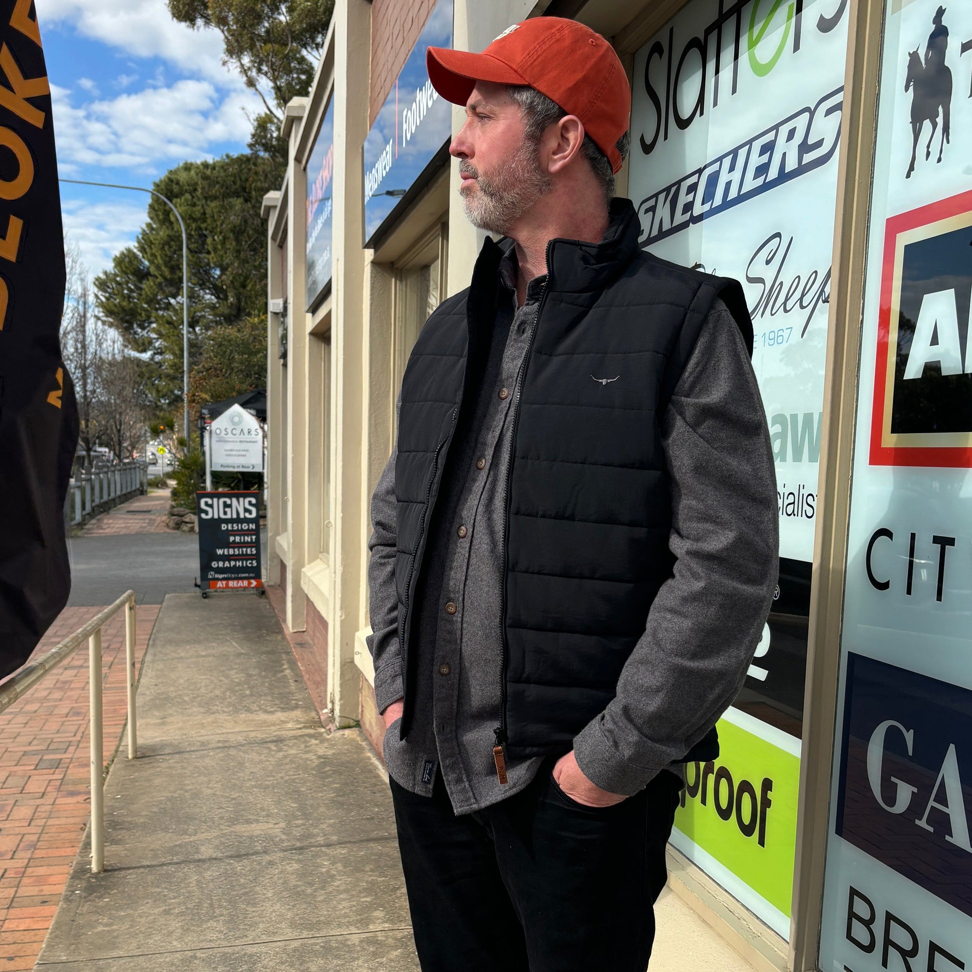 Matt is wearing the Patterson Creek Vest in Black by RM Williams on the owner of The Bloke Shop, south of Adelaide, South Australia.